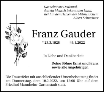 Traueranzeige von Franz Gauder von Mannheimer Morgen