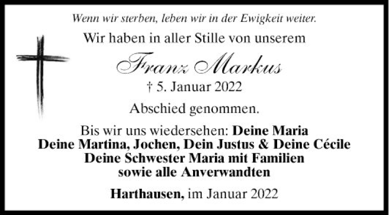  Traueranzeige für Franz Markus vom 15.01.2022 aus Fränkische Nachrichten