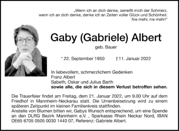 Traueranzeige von Gaby  Albert von Mannheimer Morgen