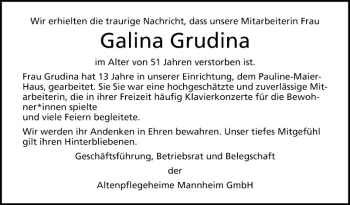 Traueranzeige von Galina Grudina von Mannheimer Morgen