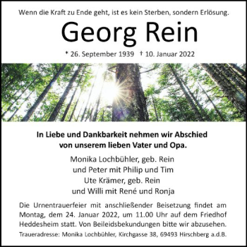 Traueranzeige von Georg Rein von Mannheimer Morgen