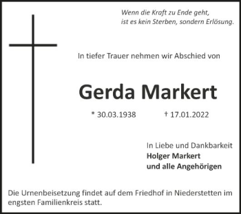 Traueranzeige von Gerda Markert von Fränkische Nachrichten