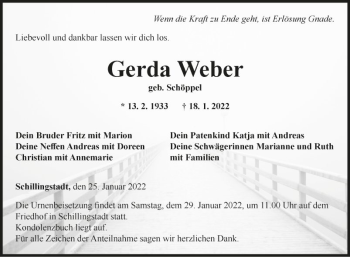 Traueranzeige von Gerda Weber von Fränkische Nachrichten