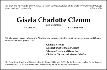 Traueranzeige von Gisela Charlotte Clemm von Mannheimer Morgen