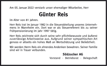 Traueranzeige von Günter Reis von Mannheimer Morgen