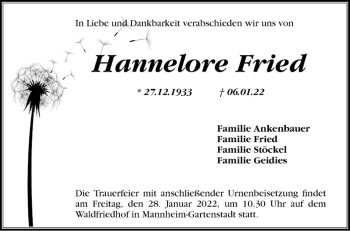 Traueranzeige von Hannelore Fried von Mannheimer Morgen