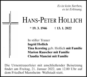 Traueranzeige von Hans-Peter Hollich von Mannheimer Morgen