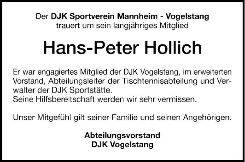  Traueranzeige für Hans-Peter Hollich vom 22.01.2022 aus Mannheimer Morgen