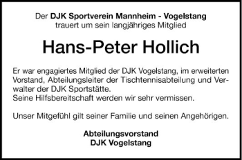 Traueranzeige von Hans-Peter Hollich von Mannheimer Morgen