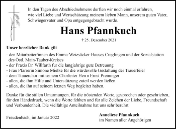 Traueranzeige von Hans Pfannkuch von Fränkische Nachrichten