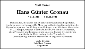 Traueranzeige von Hans Günter Gronau von Mannheimer Morgen