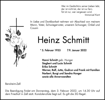 Traueranzeige von Heinz Schmitt von Bergsträßer Anzeiger