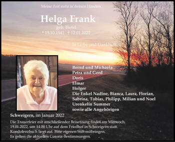 Traueranzeige von Helga Frank von Fränkische Nachrichten