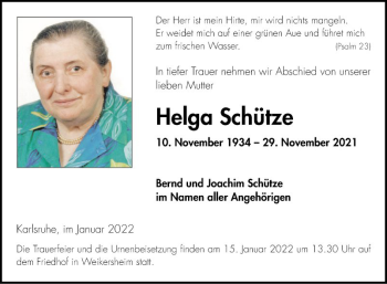 Traueranzeige von Helga Schütze von Fränkische Nachrichten