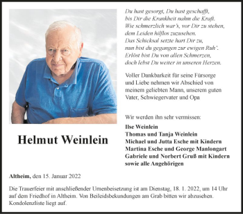 Traueranzeige von Helmut Weinlein von Fränkische Nachrichten