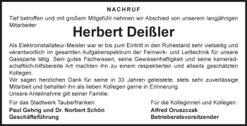 Traueranzeige von Herbert Deißler von Fränkische Nachrichten