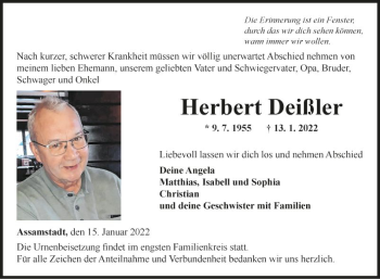 Traueranzeige von Herbert Deißler von Fränkische Nachrichten