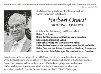 Traueranzeige von Herbert Oberst von Fränkische Nachrichten