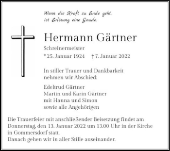 Traueranzeige von Hermann Gärtner von Fränkische Nachrichten