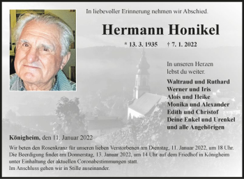 Traueranzeige von Hermann Honikel von Fränkische Nachrichten