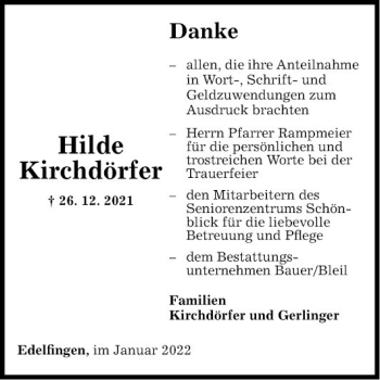 Traueranzeige von Hilde Kirchdörfer von Fränkische Nachrichten