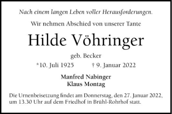 Traueranzeige von Hilde Vöhringer von Mannheimer Morgen