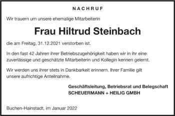 Traueranzeige von Hiltrud Steinbach von Fränkische Nachrichten