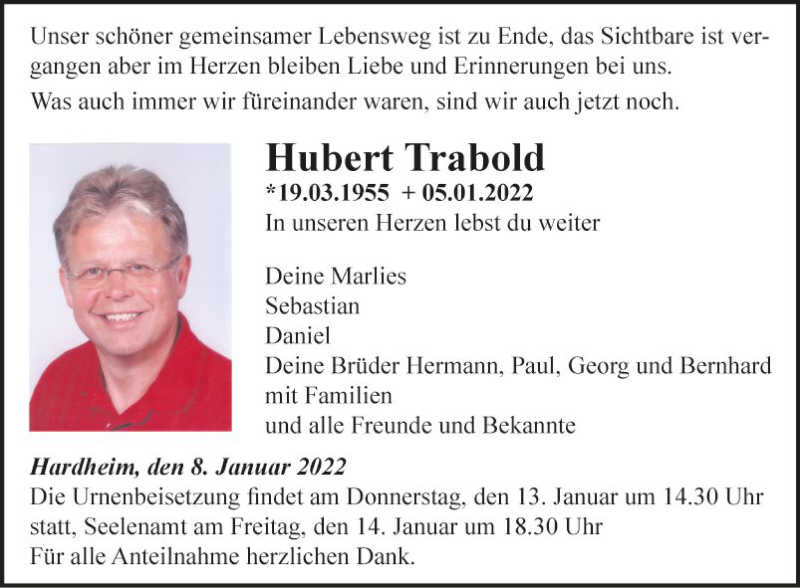  Traueranzeige für Hubert Trabold vom 08.01.2022 aus Fränkische Nachrichten