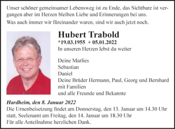 Traueranzeige von Hubert Trabold von Fränkische Nachrichten