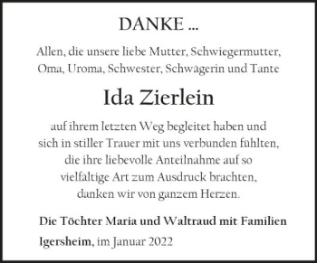 Traueranzeige von Ida Zierlein von Fränkische Nachrichten