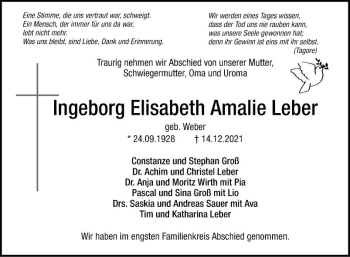 Traueranzeige von Ingeborg Elisabeth Amalie Leber von Mannheimer Morgen