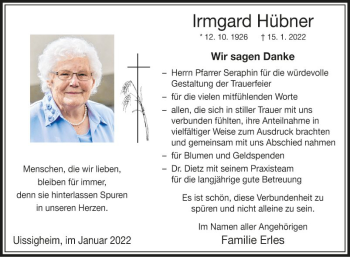 Traueranzeige von Irmgard Hübner von Fränkische Nachrichten