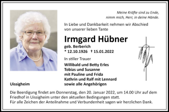 Traueranzeige von Irmgard Hübner von Fränkische Nachrichten