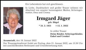 Traueranzeige von Irmgard Jäger von Fränkische Nachrichten