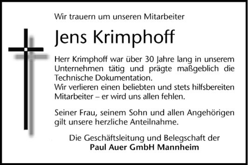  Traueranzeige für Jens Krimphoff vom 22.01.2022 aus Mannheimer Morgen