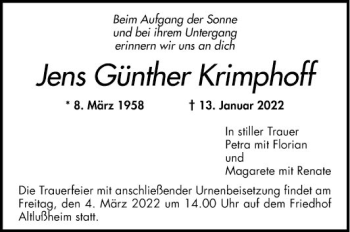 Traueranzeige von Jens Günther Krimphoff von Mannheimer Morgen