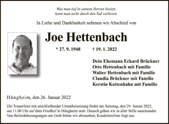 Traueranzeige von Joe Hettenbach von Fränkische Nachrichten