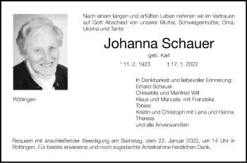 Traueranzeige von Johanna Schauer von Fränkische Nachrichten