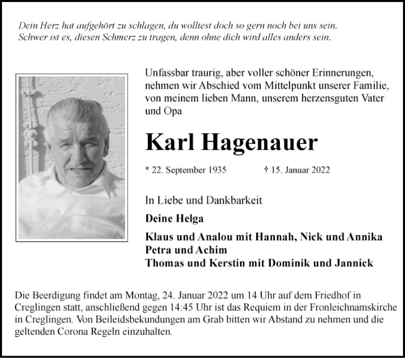  Traueranzeige für Karl Hagenauer vom 20.01.2022 aus Fränkische Nachrichten