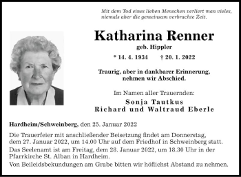 Traueranzeige von Katharina Renner von Fränkische Nachrichten