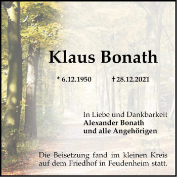 Traueranzeige von Klaus Bonath von Mannheimer Morgen