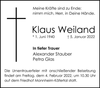 Traueranzeige von Klaus Weiland von Mannheimer Morgen