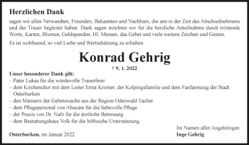 Traueranzeige von Konrad Gehrig von Fränkische Nachrichten