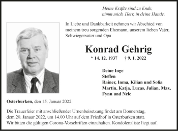 Traueranzeige von Konrad Gehrig von Fränkische Nachrichten