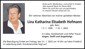 Traueranzeige von Lina Katharina Elisabeth Hofmann von Mannheimer Morgen