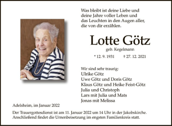 Traueranzeige von Lotte Götz von Fränkische Nachrichten