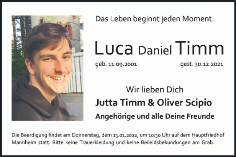  Traueranzeige für Luca Daniel Timm vom 08.01.2022 aus Mannheimer Morgen