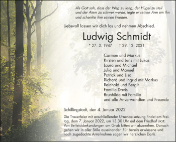 Traueranzeige von Ludwig Schmidt von Fränkische Nachrichten