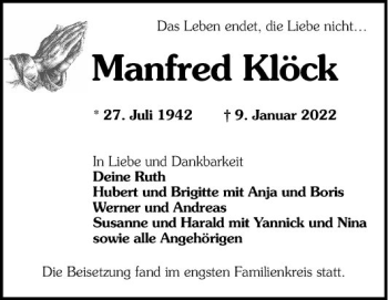 Traueranzeige von Manfred Klöck von Mannheimer Morgen