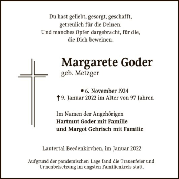 Traueranzeige von Margarete Goder von Bergsträßer Anzeiger